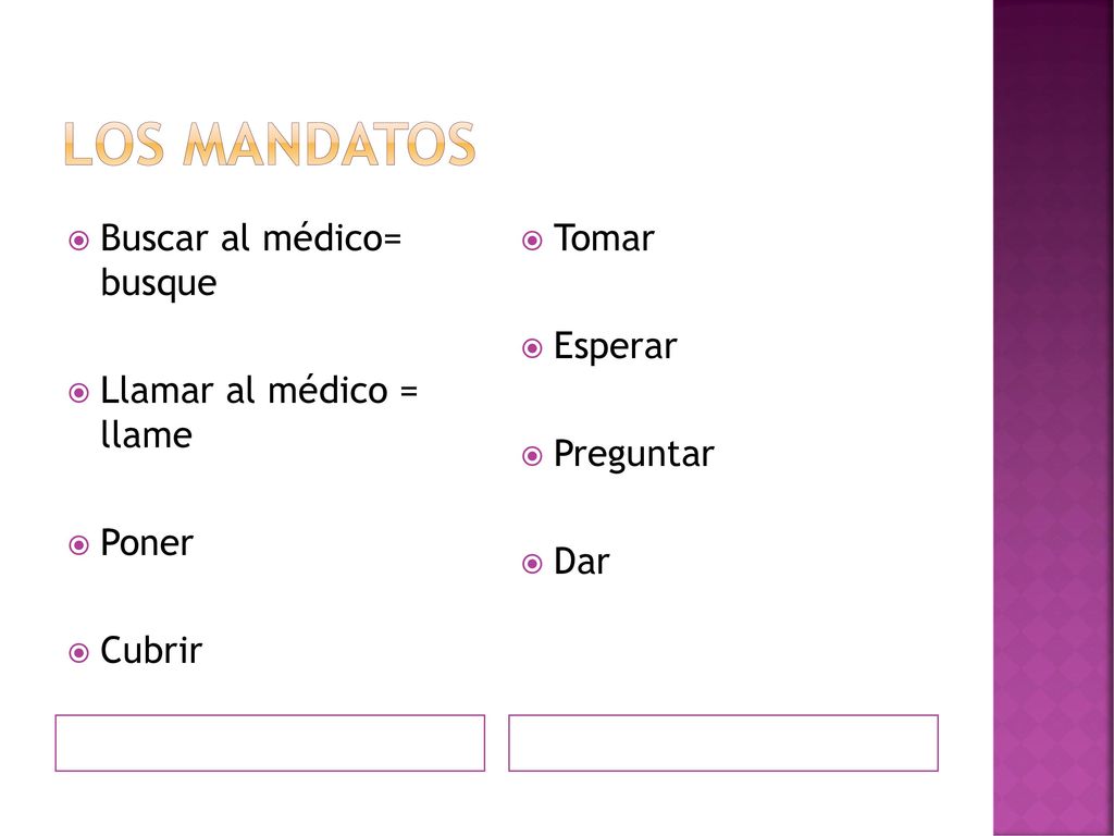 Los mandatos Buscar al médico= busque Llamar al médico = llame Poner