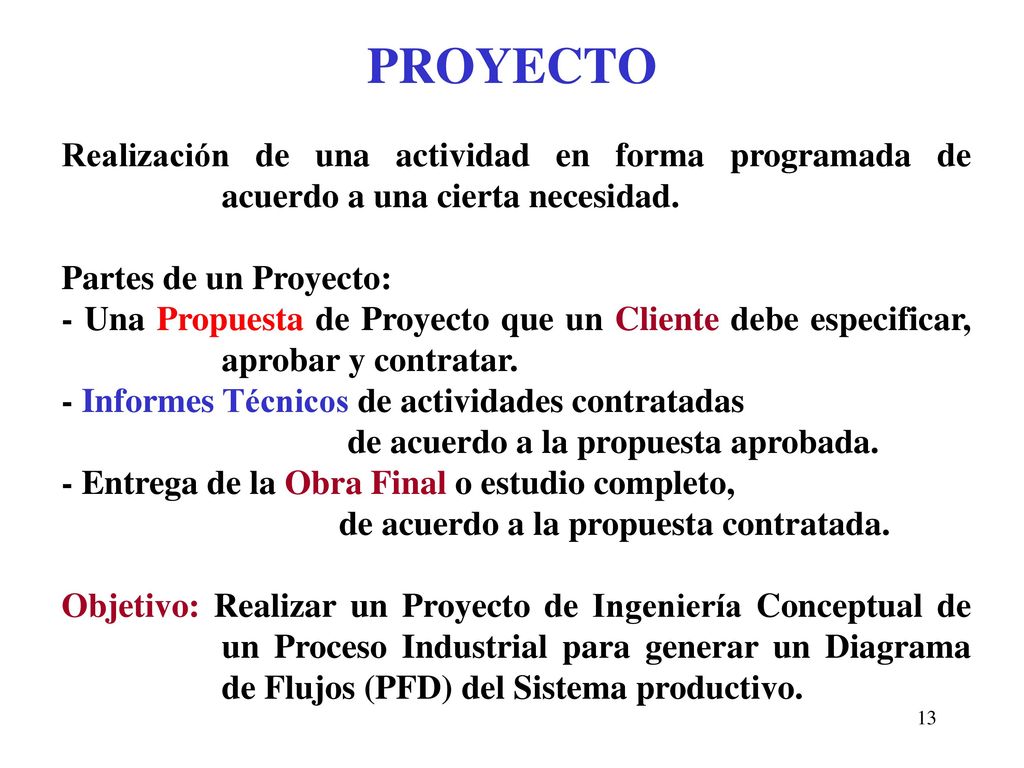 PROYECTO Realización de una actividad en forma programada de acuerdo a una cierta necesidad. Partes de un Proyecto: