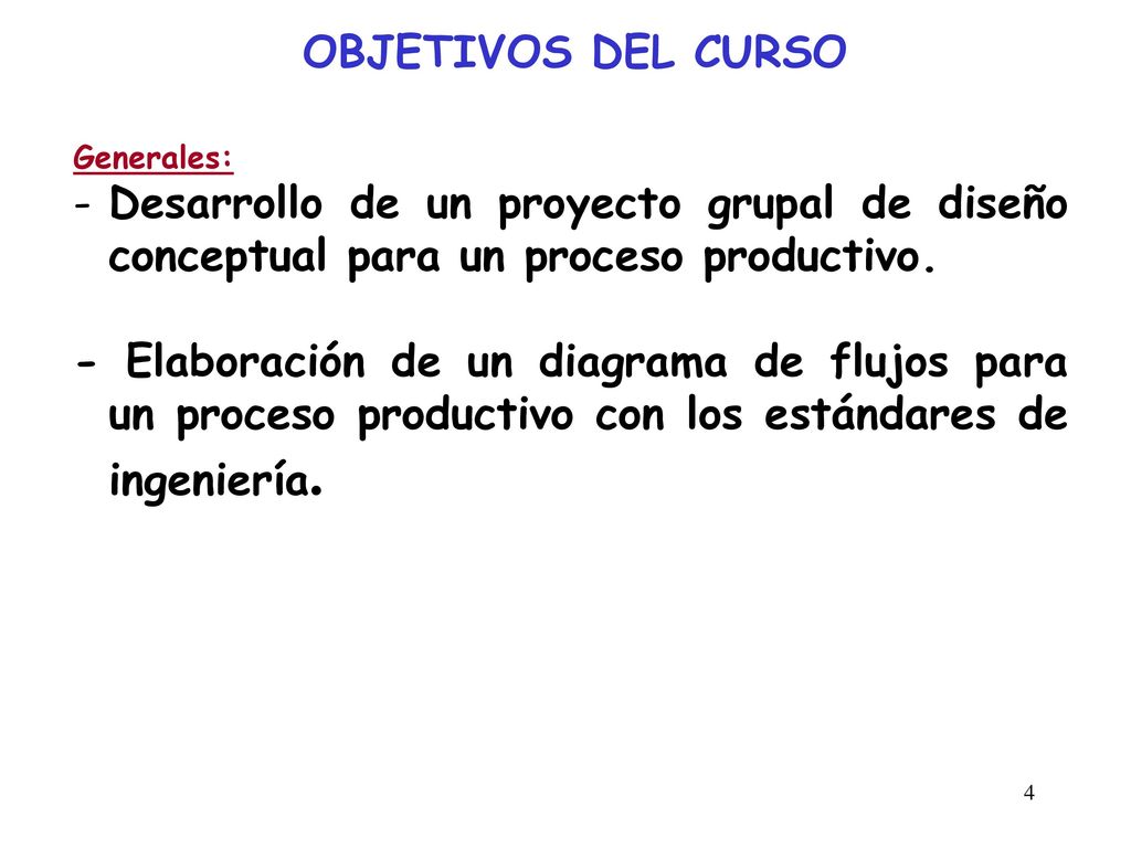 OBJETIVOS DEL CURSO Generales: Desarrollo de un proyecto grupal de diseño conceptual para un proceso productivo.