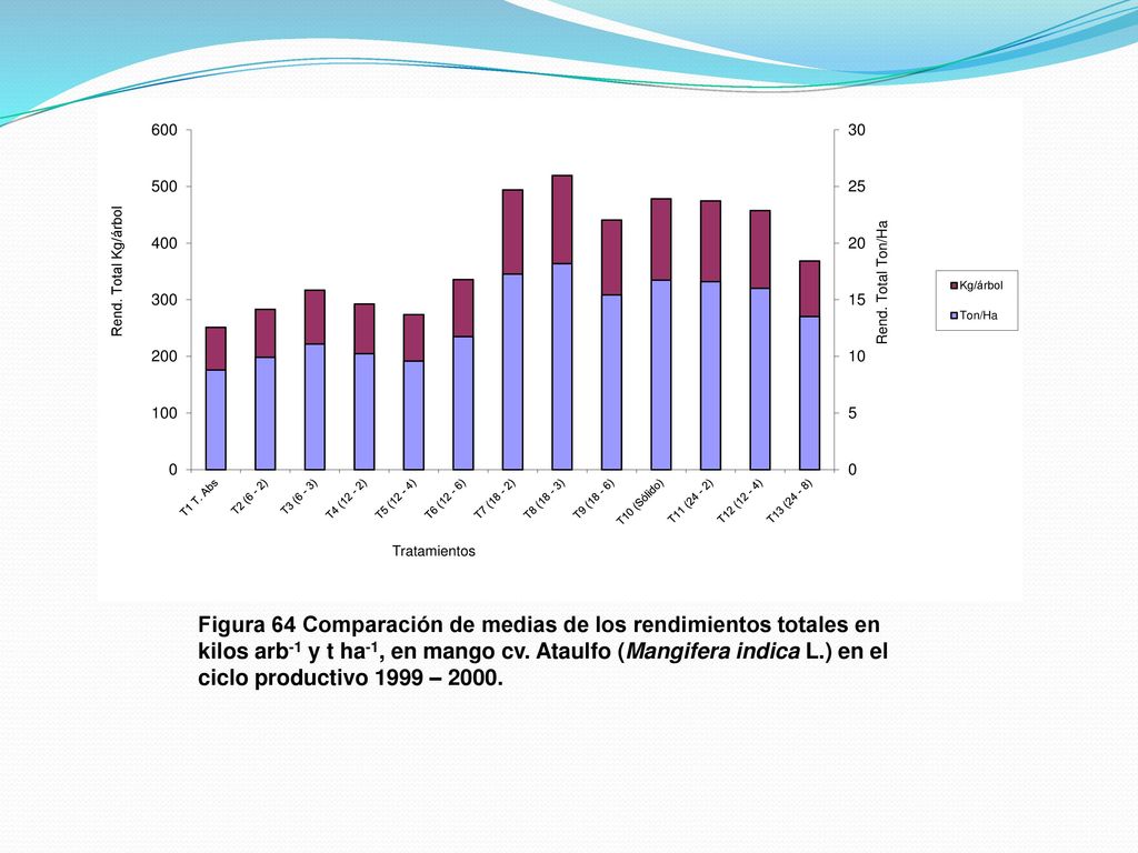 Figura 64 Comparación de medias de los rendimientos totales en kilos arb-1 y t ha-1, en mango cv.