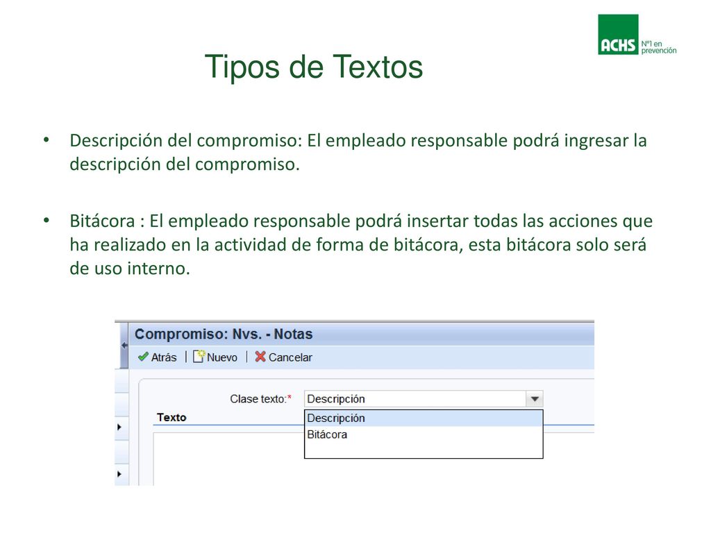 Tipos de Textos Descripción del compromiso: El empleado responsable podrá ingresar la descripción del compromiso.