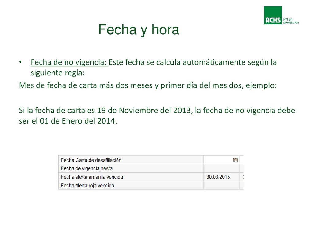 Fecha y hora Fecha de no vigencia: Este fecha se calcula automáticamente según la siguiente regla:
