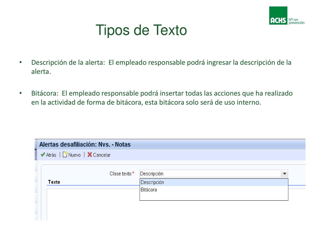 Tipos de Texto Descripción de la alerta: El empleado responsable podrá ingresar la descripción de la alerta.