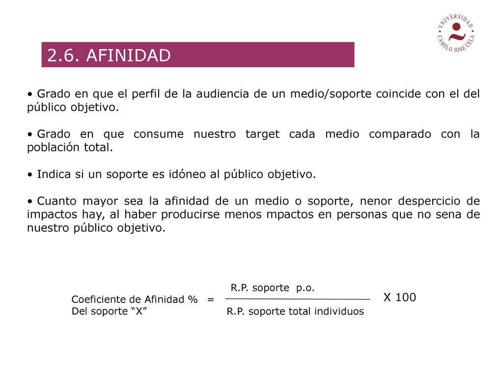 2.6. AFINIDAD Grado en que el perfil de la audiencia de un medio/soporte coincide con el del público objetivo.