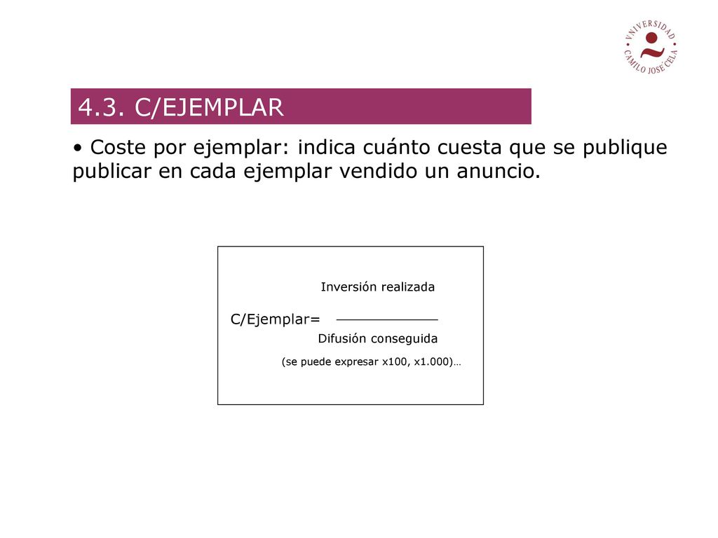 4.3. C/EJEMPLAR Coste por ejemplar: indica cuánto cuesta que se publique publicar en cada ejemplar vendido un anuncio.