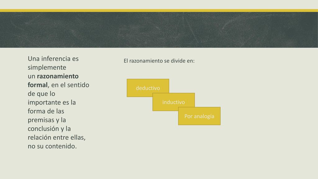 Una inferencia es simplemente un razonamiento formal, en el sentido de que lo importante es la forma de las premisas y la conclusión y la relación entre ellas, no su contenido.