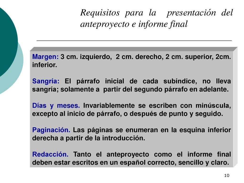 Requisitos para la presentación del anteproyecto e informe final