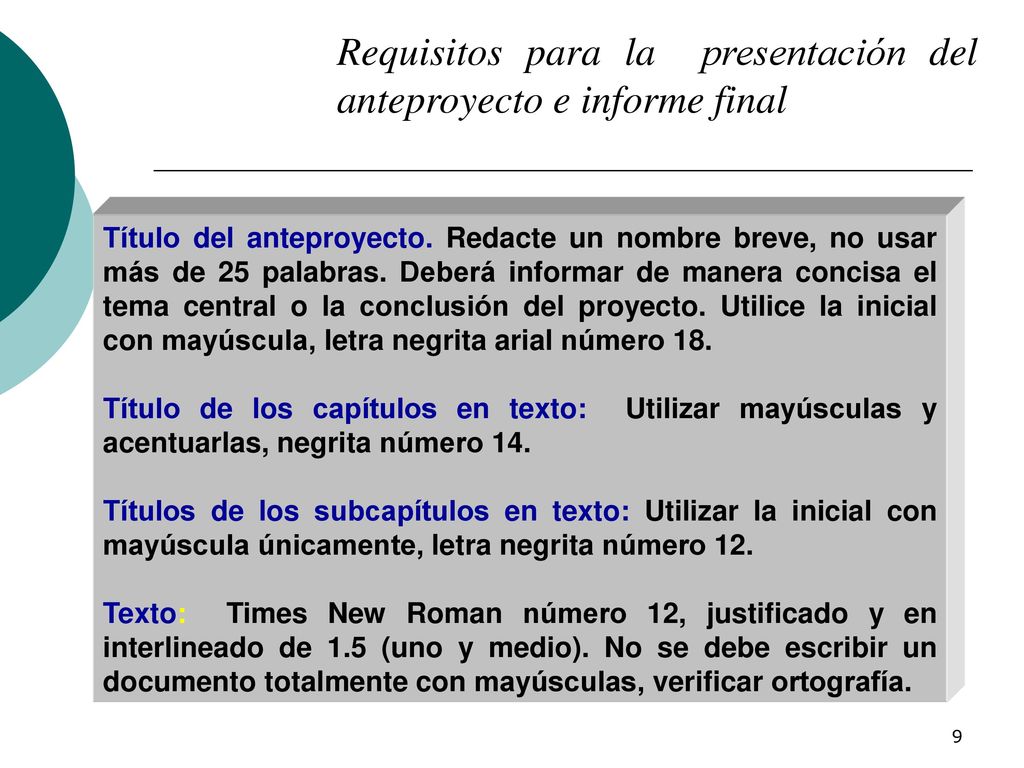 Requisitos para la presentación del anteproyecto e informe final