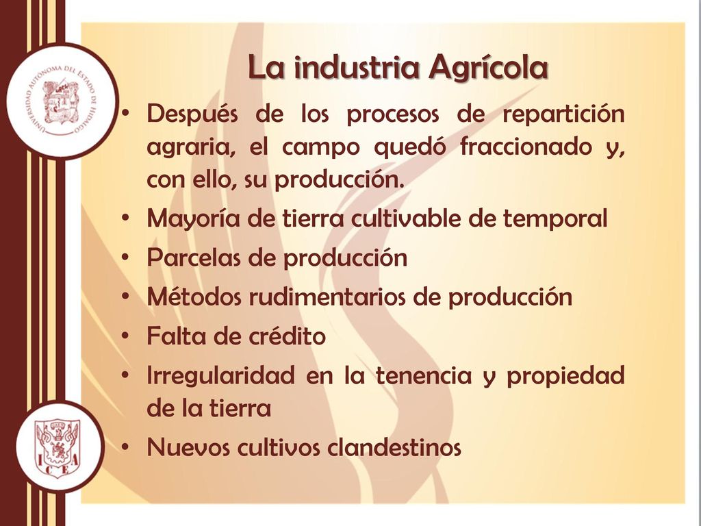 La industria Agrícola Después de los procesos de repartición agraria, el campo quedó fraccionado y, con ello, su producción.