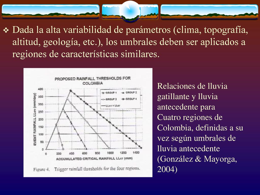 Dada la alta variabilidad de parámetros (clima, topografía, altitud, geología, etc.), los umbrales deben ser aplicados a regiones de características similares.