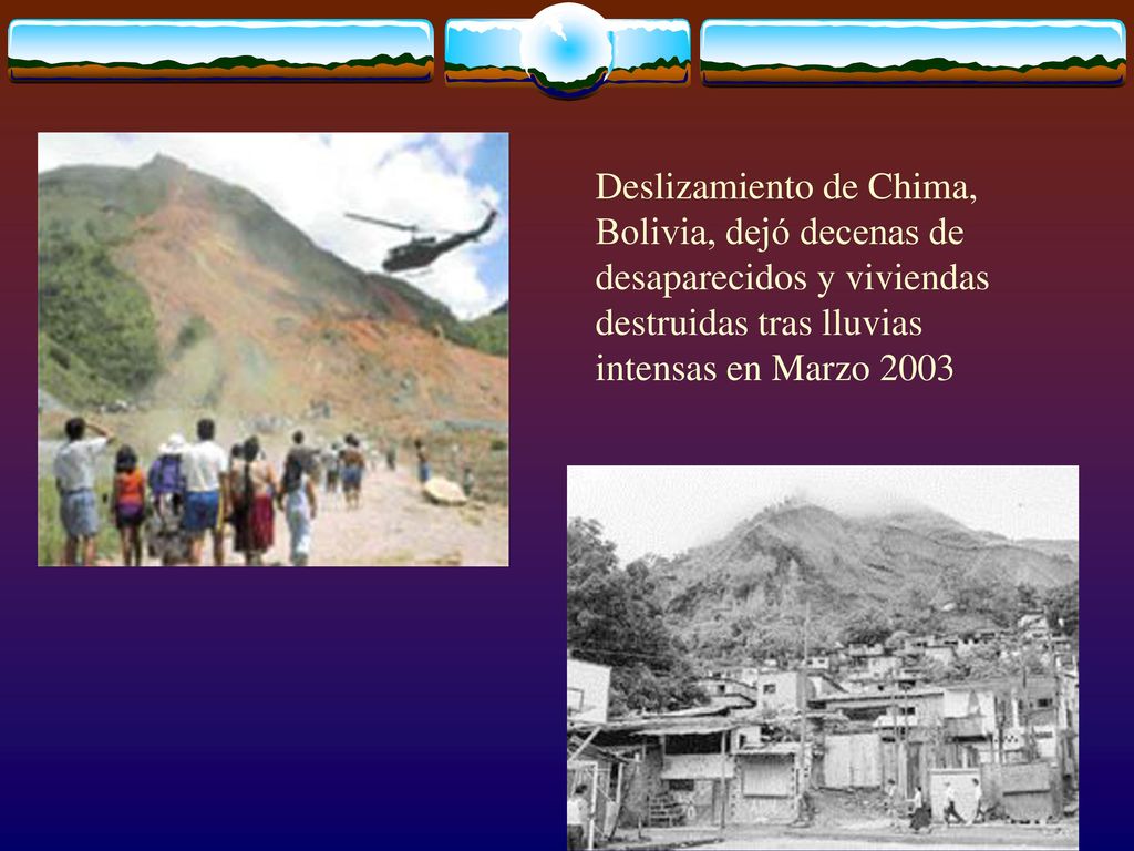 Deslizamiento de Chima, Bolivia, dejó decenas de desaparecidos y viviendas destruidas tras lluvias intensas en Marzo 2003