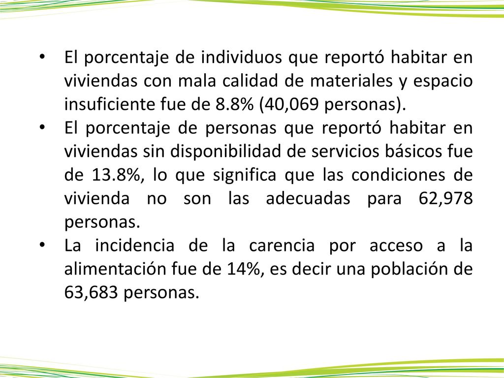 El porcentaje de individuos que reportó habitar en viviendas con mala calidad de materiales y espacio insuficiente fue de 8.8% (40,069 personas).