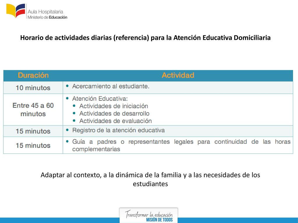 Horario de actividades diarias (referencia) para la Atención Educativa Domiciliaria
