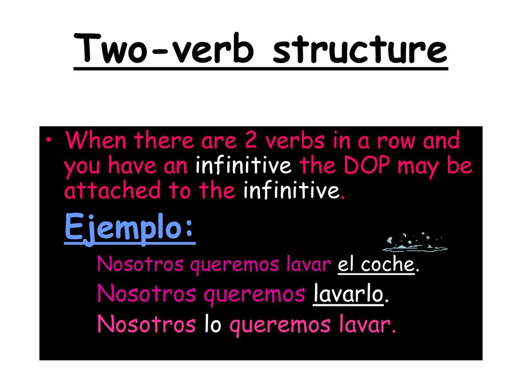 Two-verb structure When there are 2 verbs in a row and you have an infinitive the DOP may be attached to the infinitive.