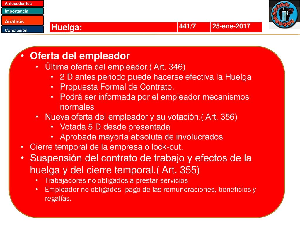 Antecedentes Importancia. Análisis. Conclusión. Huelga: 441/7. 25-ene Oferta del empleador.