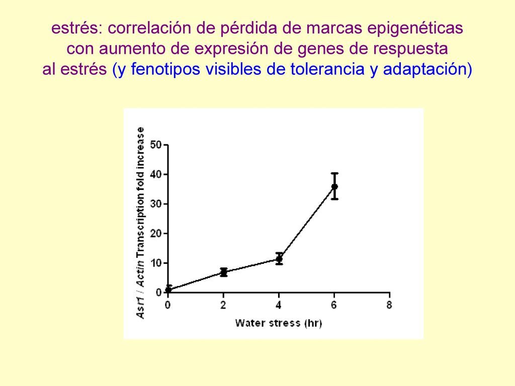estrés: correlación de pérdida de marcas epigenéticas con aumento de expresión de genes de respuesta al estrés (y fenotipos visibles de tolerancia y adaptación)