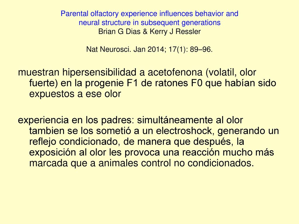 Parental olfactory experience influences behavior and neural structure in subsequent generations Brian G Dias & Kerry J Ressler Nat Neurosci. Jan 2014; 17(1): 89–96.