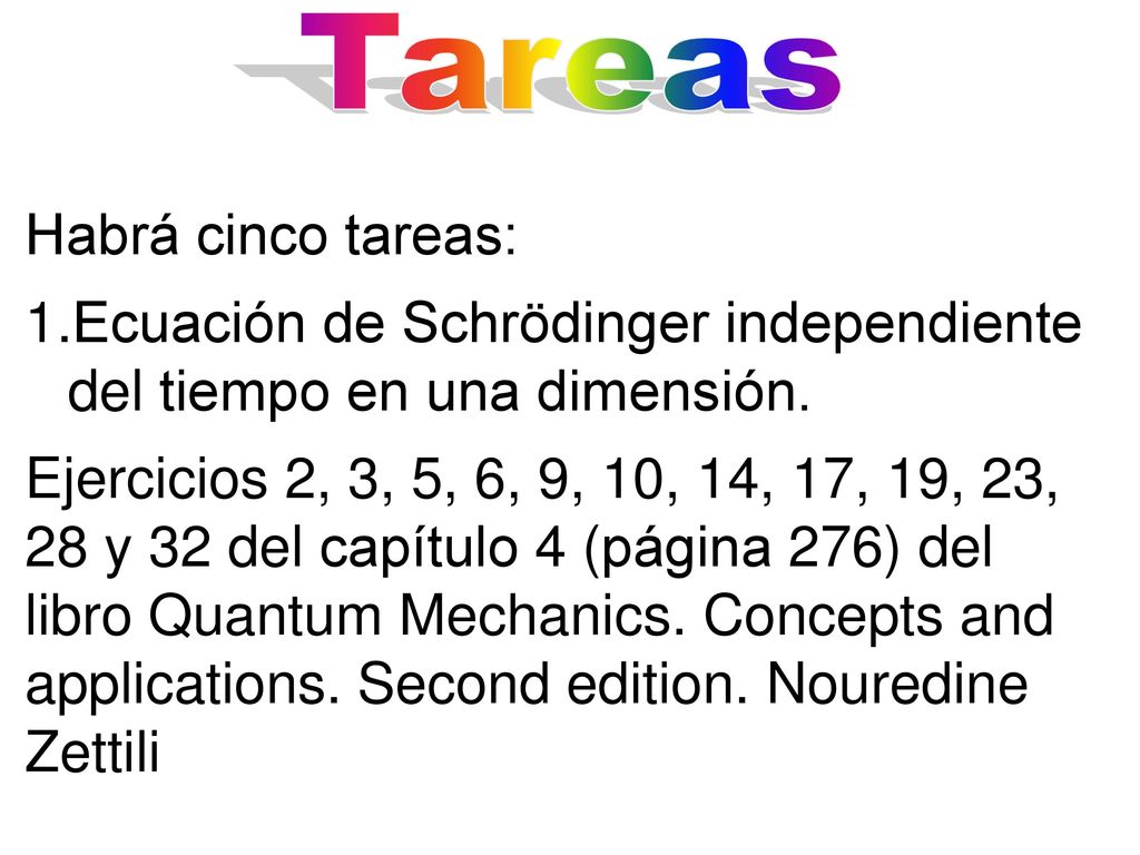 Tareas Habrá cinco tareas: Ecuación de Schrödinger independiente del tiempo en una dimensión.