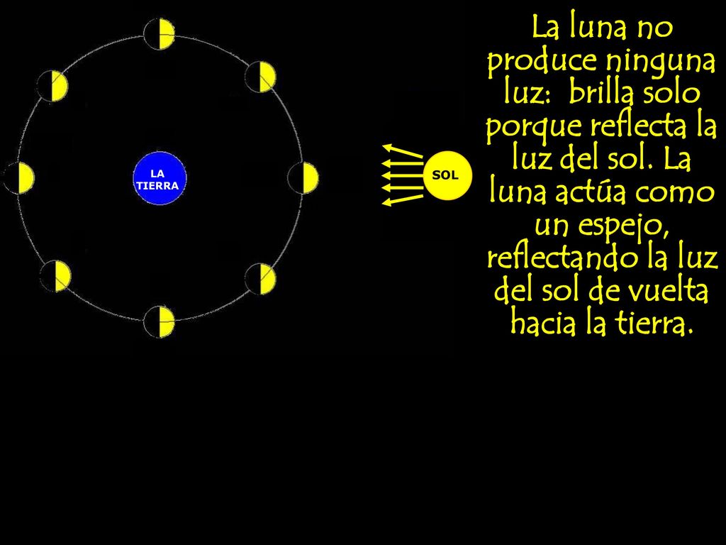 La luna no produce ninguna luz: brilla solo porque reflecta la luz del sol. La luna actúa como un espejo, reflectando la luz del sol de vuelta hacia la tierra.