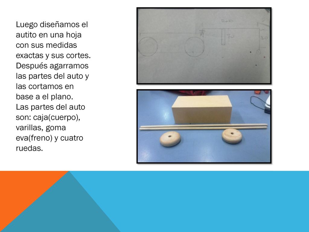 Luego diseñamos el autito en una hoja con sus medidas exactas y sus cortes. Después agarramos las partes del auto y las cortamos en base a el plano.
