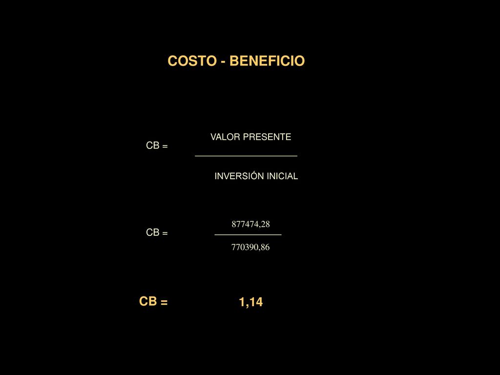 COSTO - BENEFICIO 1,14 CB = VALOR PRESENTE INVERSIÓN INICIAL ,28