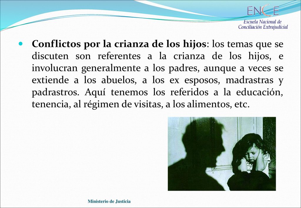 Conflictos por la crianza de los hijos: los temas que se discuten son referentes a la crianza de los hijos, e involucran generalmente a los padres, aunque a veces se extiende a los abuelos, a los ex esposos, madrastras y padrastros. Aquí tenemos los referidos a la educación, tenencia, al régimen de visitas, a los alimentos, etc.