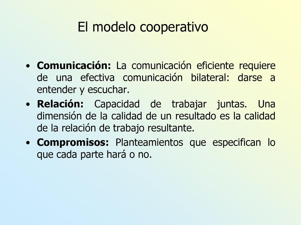 El modelo cooperativo Comunicación: La comunicación eficiente requiere de una efectiva comunicación bilateral: darse a entender y escuchar.
