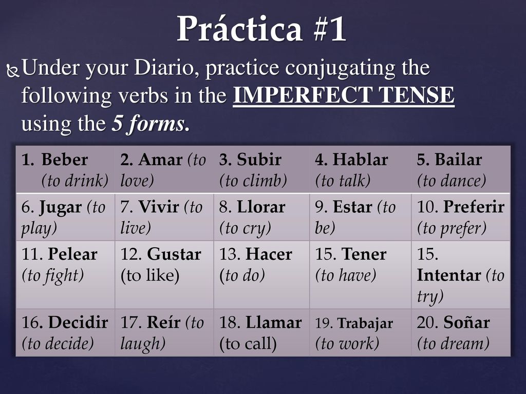 Práctica #1 Under your Diario, practice conjugating the following verbs in the IMPERFECT TENSE using the 5 forms.