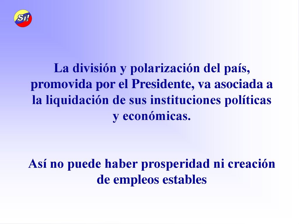 La división y polarización del país, promovida por el Presidente, va asociada a la liquidación de sus instituciones políticas y económicas.