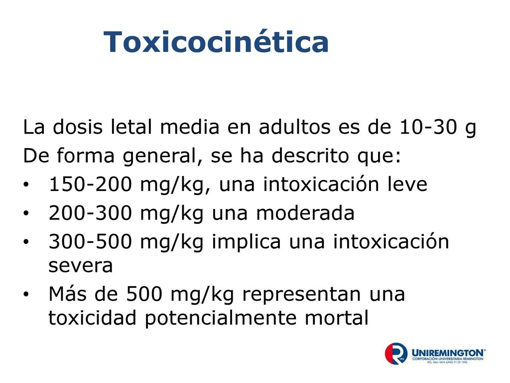 Toxicocinética La dosis letal media en adultos es de g