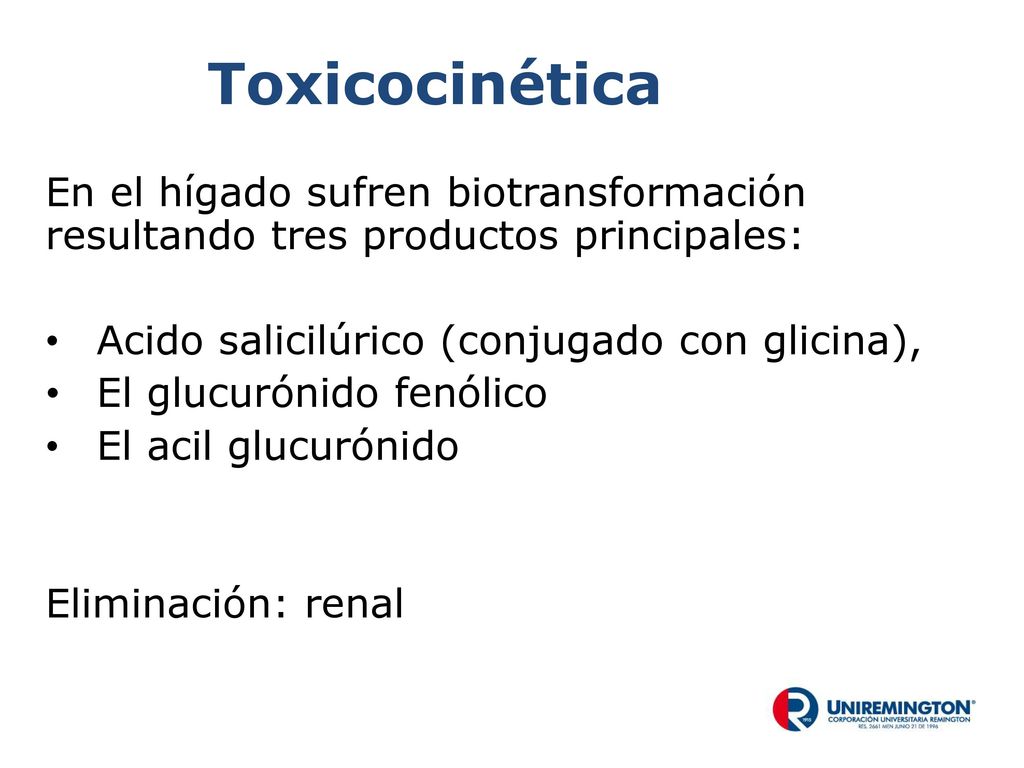 Toxicocinética En el hígado sufren biotransformación resultando tres productos principales: Acido salicilúrico (conjugado con glicina),