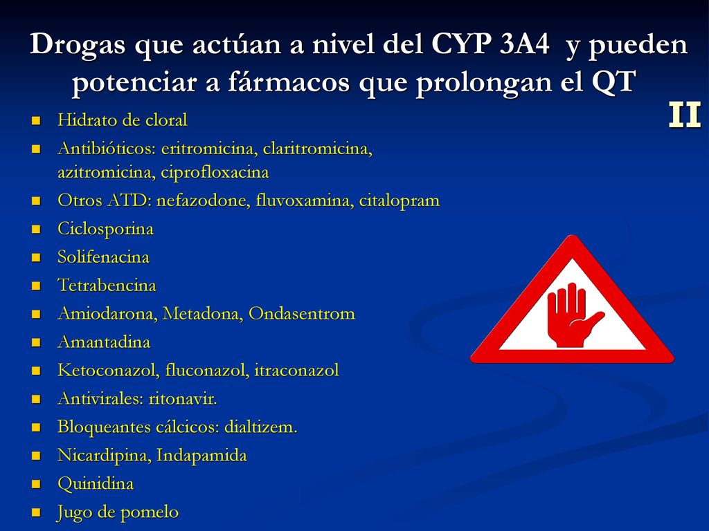 Drogas que actúan a nivel del CYP 3A4 y pueden potenciar a fármacos que prolongan el QT