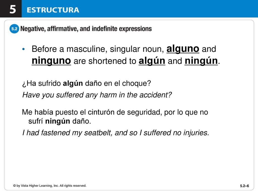 Before a masculine, singular noun, alguno and ninguno are shortened to algún and ningún.