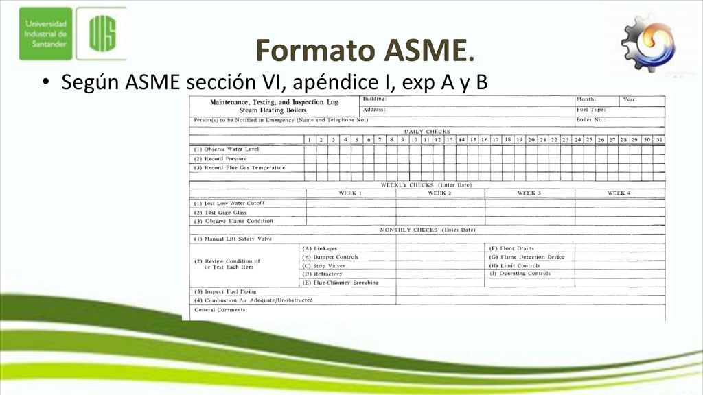 Formato ASME. Según ASME sección VI, apéndice I, exp A y B