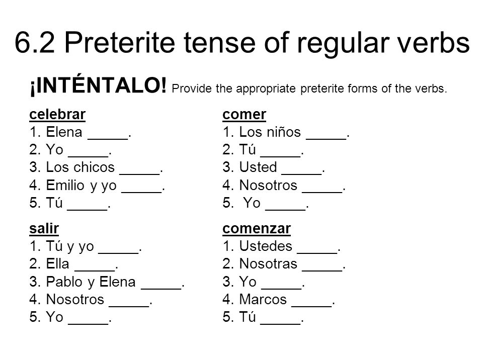 ¡INTÉNTALO! Provide the appropriate preterite forms of the verbs.