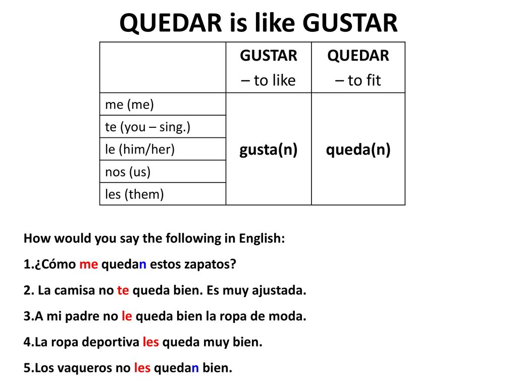 QUEDAR is like GUSTAR GUSTAR – to like QUEDAR – to fit gusta(n)