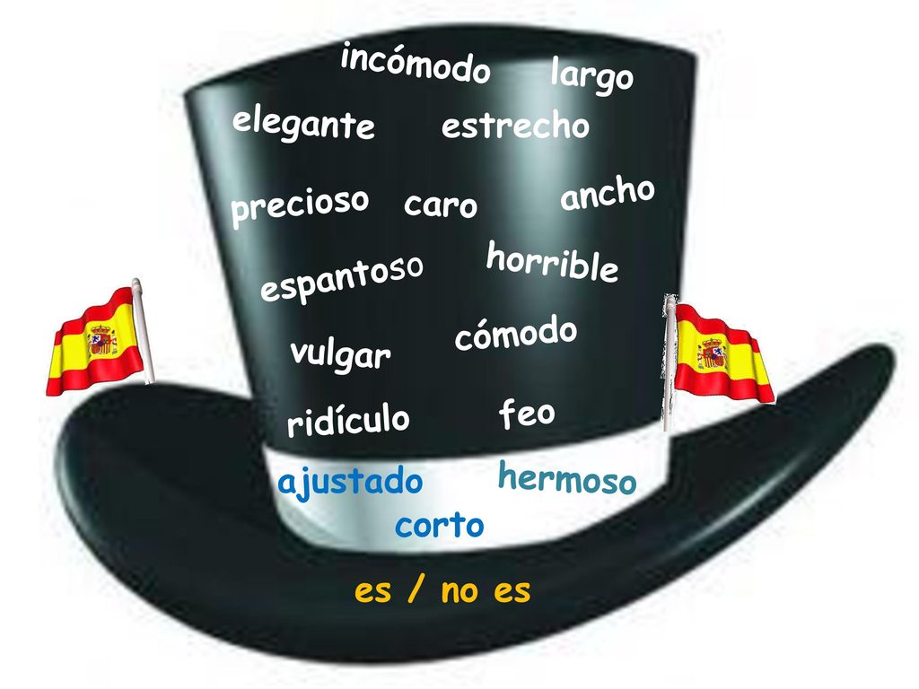 incómodo largo. elegante. estrecho. ancho. precioso. caro. horrible. espantoso. cómodo. vulgar.