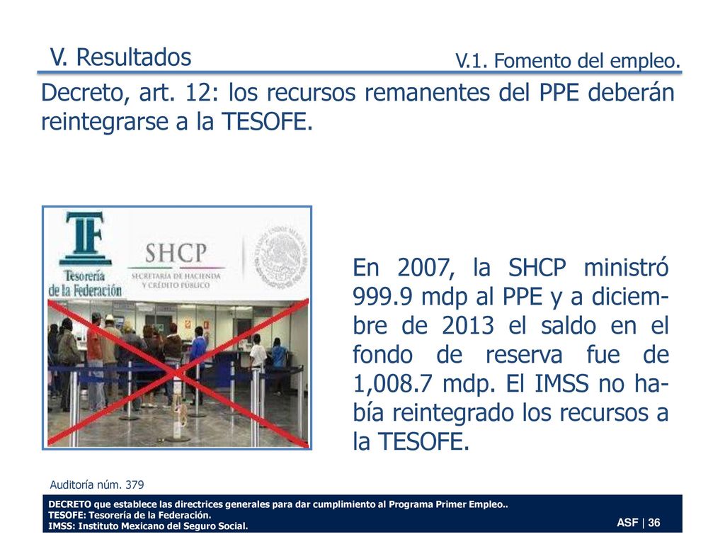 V. Resultados V.1. Fomento del empleo. Decreto, art. 12: los recursos remanentes del PPE deberán reintegrarse a la TESOFE.