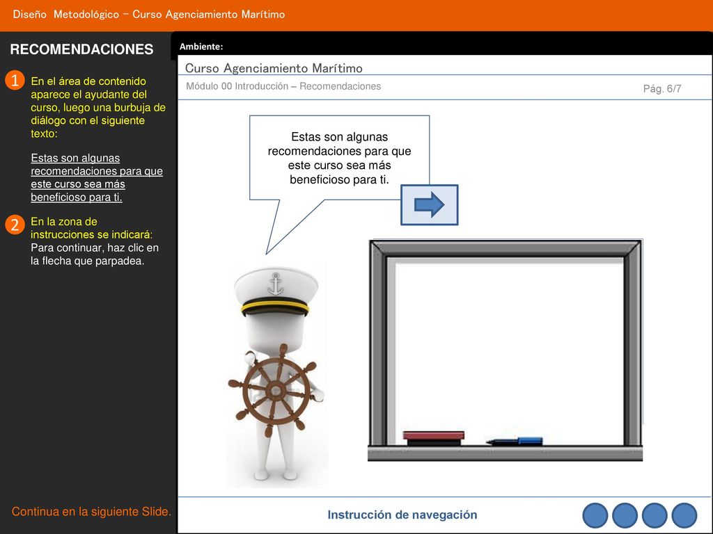 RECOMENDACIONES 1. En el área de contenido aparece el ayudante del curso, luego una burbuja de diálogo con el siguiente texto: