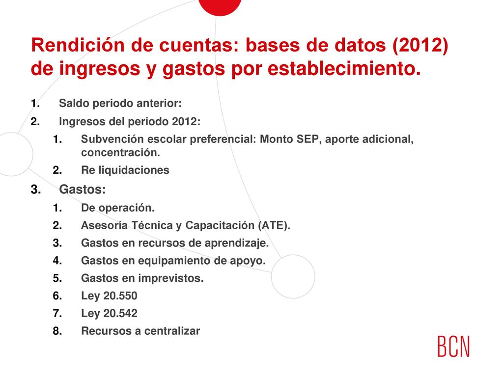 Rendición de cuentas: bases de datos (2012) de ingresos y gastos por establecimiento.