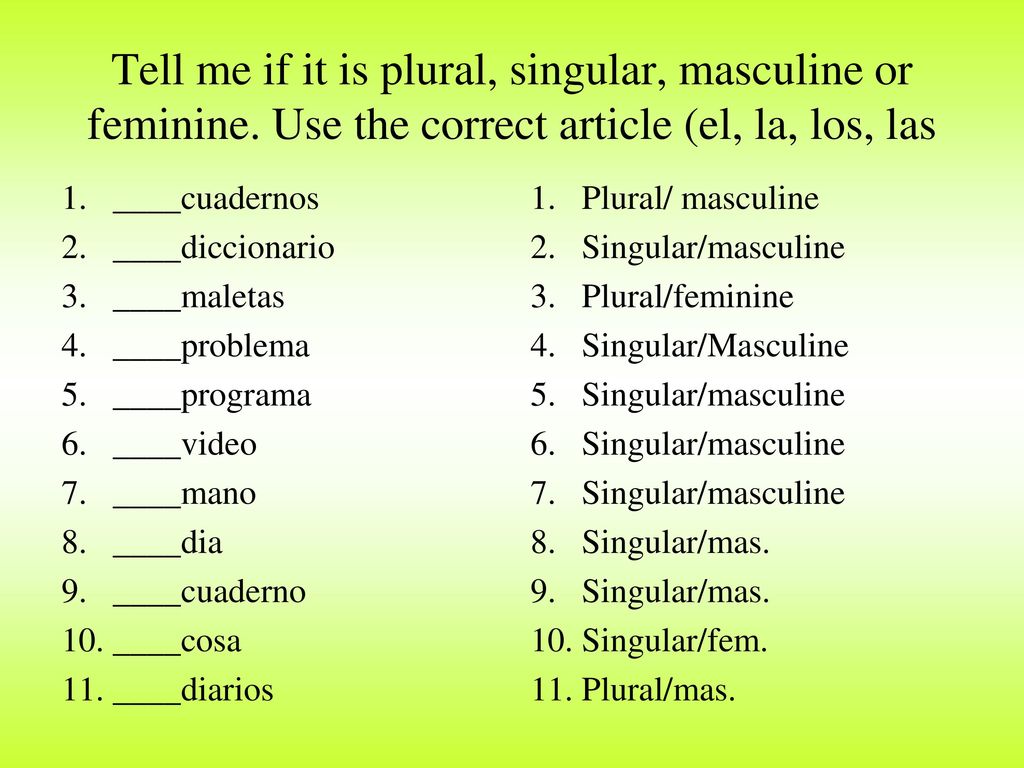 Tell me if it is plural, singular, masculine or feminine