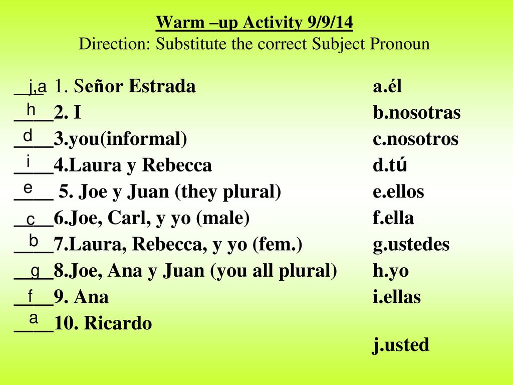 Warm –up Activity 9/9/14 Direction: Substitute the correct Subject Pronoun