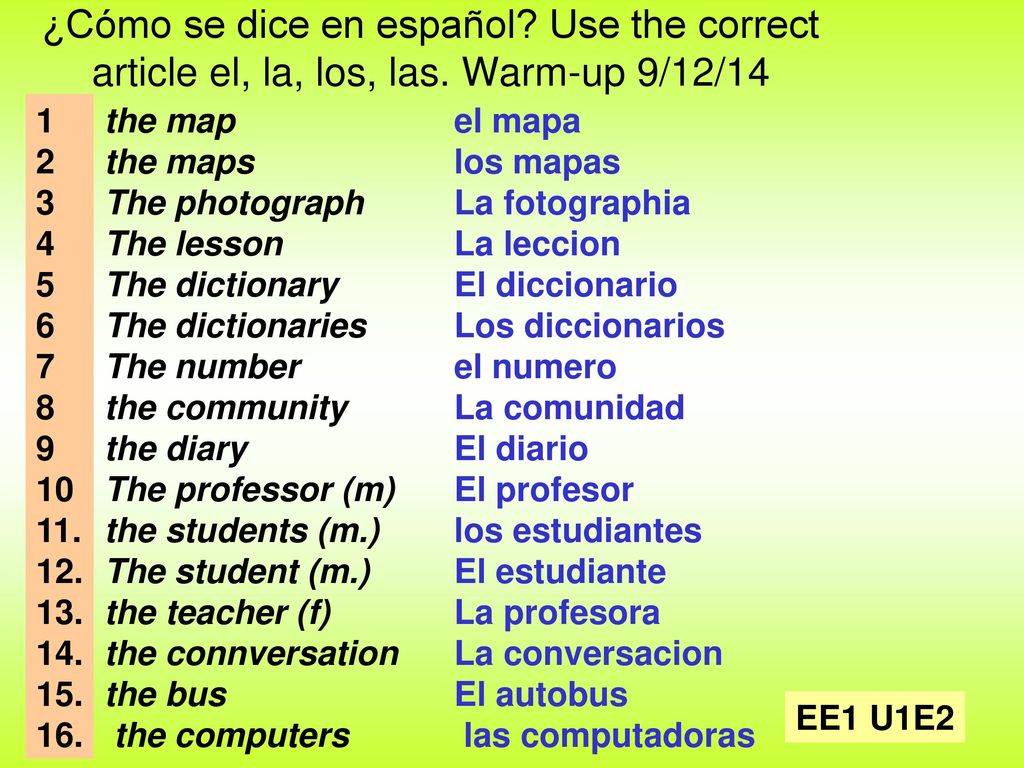 ¿Cómo se dice en español. Use the correct article el, la, los, las