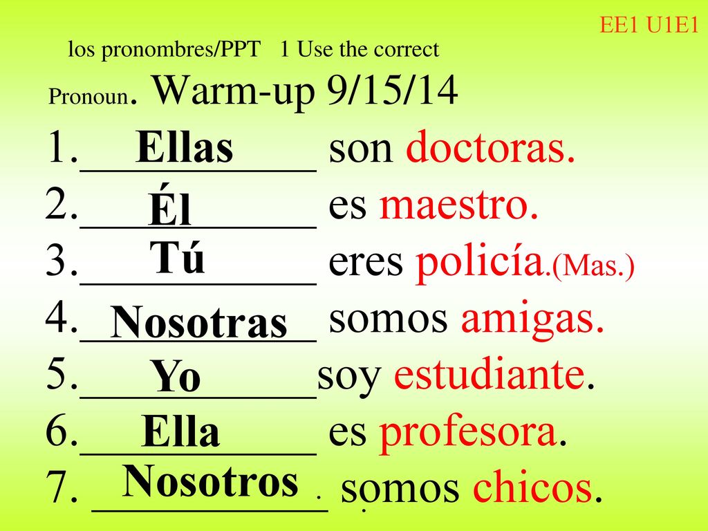 los pronombres/PPT 1 Use the correct Pronoun. Warm-up 9/15/14