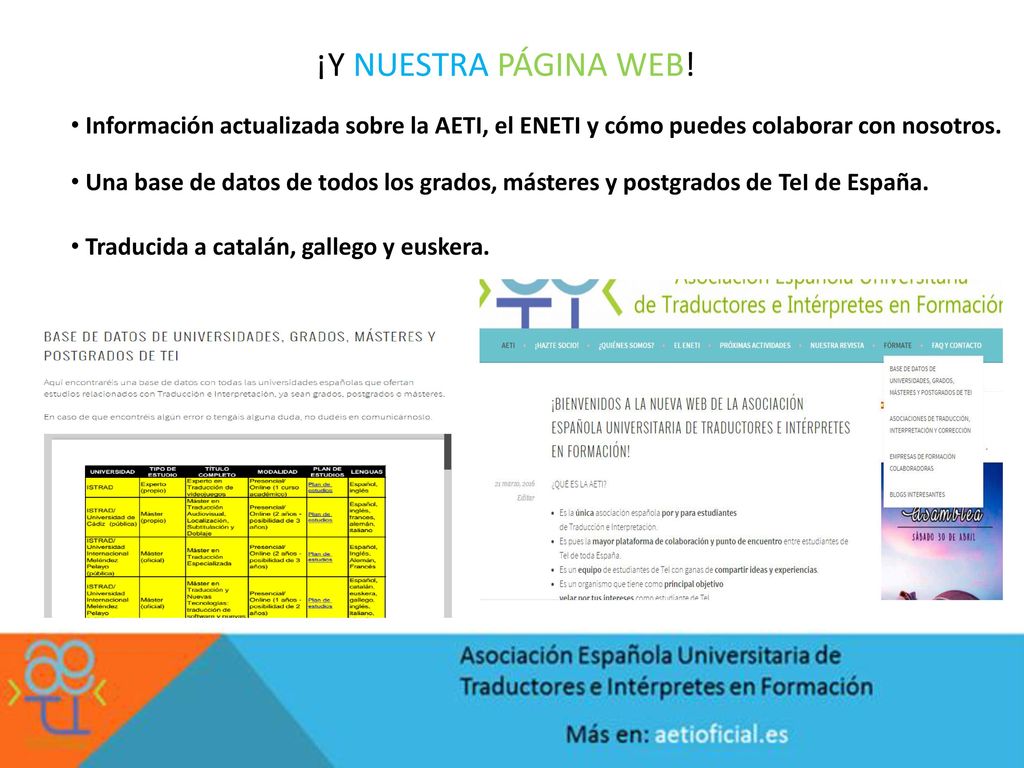¡Y NUESTRA PÁGINA WEB! Información actualizada sobre la AETI, el ENETI y cómo puedes colaborar con nosotros.