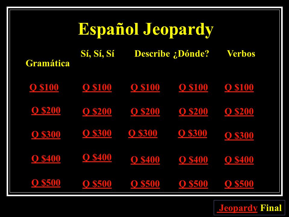 Español Jeopardy Sí, Sí, Sí Describe ¿Dónde Verbos Gramática Q $100