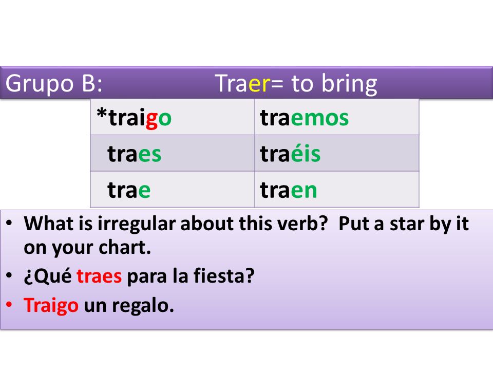 Grupo B: Traer= to bring