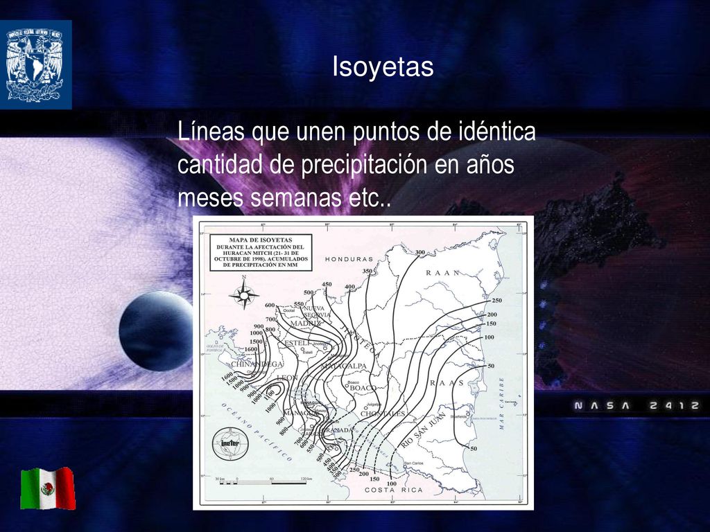 Isoyetas Líneas que unen puntos de idéntica cantidad de precipitación en años meses semanas etc..