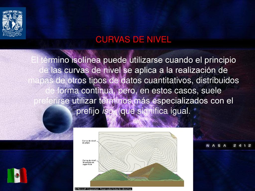 CURVAS DE NIVEL El término isolínea puede utilizarse cuando el principio de las curvas de nivel se aplica a la realización de mapas de otros tipos de datos cuantitativos, distribuidos de forma continua, pero, en estos casos, suele preferirse utilizar términos más especializados con el prefijo iso- (que significa igual.