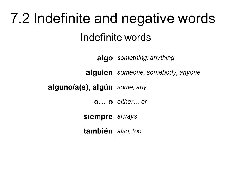 Indefinite words algo alguien alguno/a(s), algún o… o siempre también